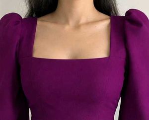 Elegant Purple Puff Sleeve Crop Top