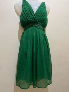 Green Pleated V-Neck Dress