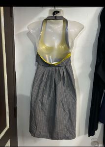 Pinstripe Halter Neck Dress with Vest Overlay