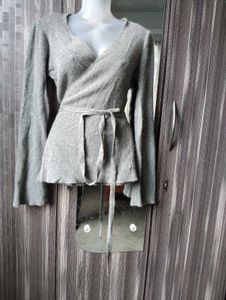 Chic Grey Wrap Knit Sweater