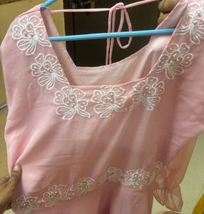 Beautiful Pink Chiffon Kurta With Beads Embroidery