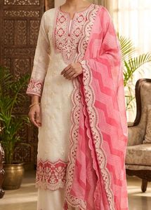 Elegant White Kurta Set with Pink Embroidery