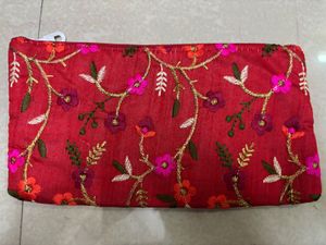 Red Silk Floral Hand-Embroidered Festive Clutch!