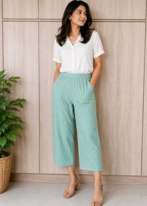 Mint Green Plaid Culotte Pants Size-30