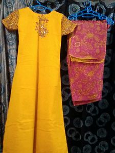 3 Piece Yellow A line Kurta Set .