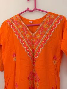 Vibrant Orange Embroidered Kurta