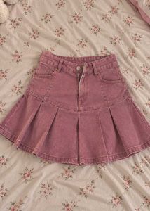 Cute Pink Pleated Denim Skirt