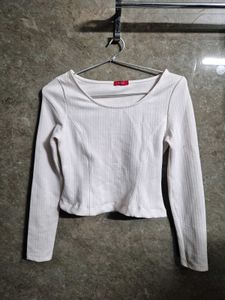 Cream White Textured Long Sleeve Top