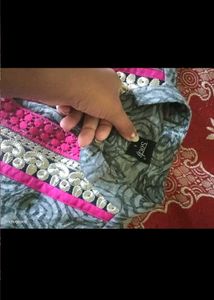 Grey Printed Kurta with Pink Border