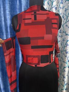 Red Geometric Print Mesh Top