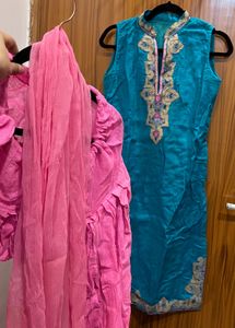 Teal Kurta Set with Pink Dupatta & patiyala pant