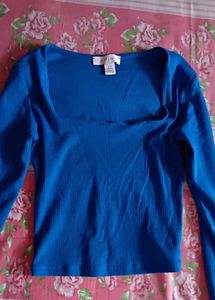 Amisu Blue Ribbed Square Neck Top