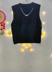 Sleeveless Black Vest with Chain Detail