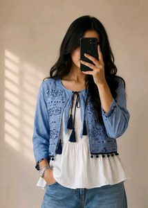 Embroidered Blue Crop Jacket
