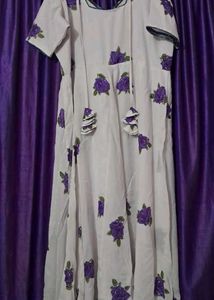 White Kurta with Purple Rose Print
