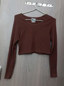 Brown Ribbed Long Sleeve Crop Top