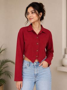 Chic Cropped Collared Red Shirt