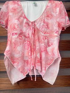 Sheer Floral Print Tie-Front Top