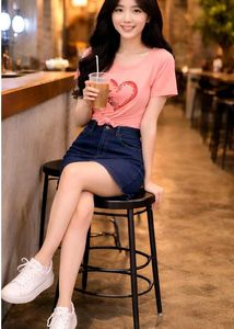Cute Pink Heart Tie-Front Top and denim skirt set