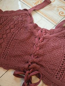 Maroon Cute Crocheted Lace-Up Crop Top