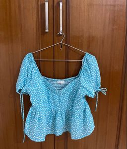 Cute Blue Floral Puff Sleeve Top
