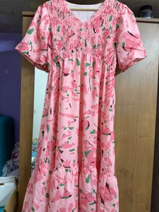 Pink Floral Smocked Midi Dress