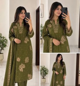 Olive Green Embroidered Kurti Set