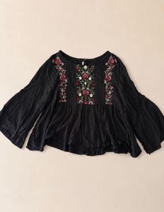 Embroidered Black Bell Sleeve Top