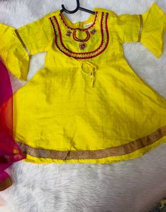 BabyOye Yellow&amp;pink Anarkali Suit Set