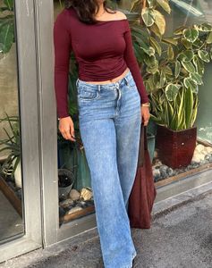 Maroon Off-Shoulder Long Sleeve Top