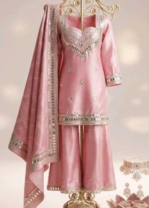 Pink Mirror Work Kurta with Palazzo Pants