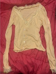 Sheer Lace Trim Button-Up Top