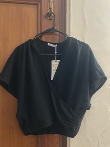 Zara Black Wrap V-Neck Top