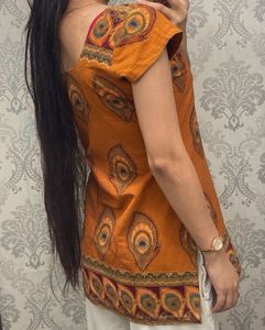 Orange Peacock Print Kurta