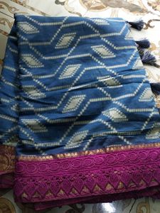 Beautiful Blue Saree with Gold &amp; Pink Border