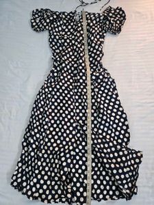 Chic Navy Polka Dot Midi Dress bust 34/36