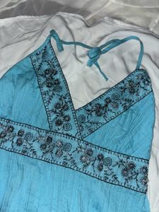 Blue Halter Neck Embroidery Top