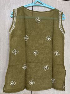 Embroidered Olive Green Sleeveless Kurta