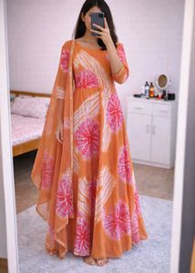 Beautiful Orange Tie-Dye Gown with Dupatta