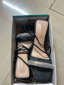 Black Lace-Up Sandals with Rhinestone Detail