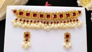 Brand New Gold Tone Red Stone Pearl Choker Necklac