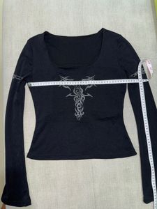 Black Vintage Y2K Tribal Graphic Long Sleeve Top