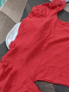 Red Button-Up Blouse with Embroidered Collar