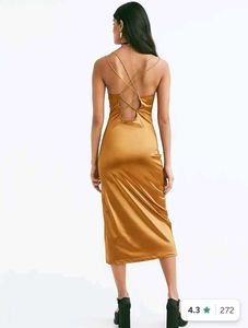 H&amp;M Elegant Gold Satin Maxi Dress with Slit