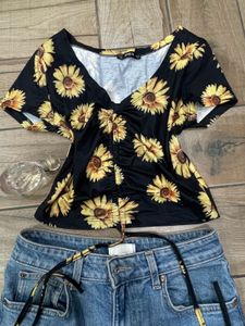 Sunflower Print Ruched Crop Top