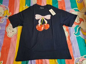 Shein drop shoulder Navy Cherry Print T-shirt