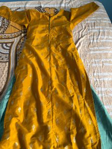 Elegant Yellow Kurta with Teal Skirt Set