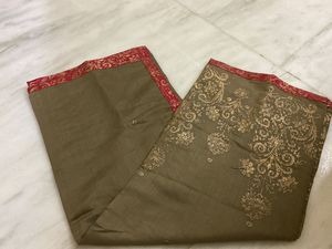 OLIVE GREEN COTTON BLEND GOLDEN PRINTED DUPATTA