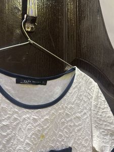 ZARA Woman Textured Top with Navy Trim