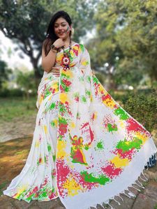 76)White Holi Special Splatter Saree